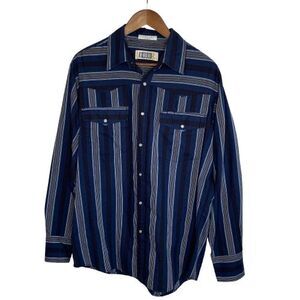 HB Company Mens Pearl Snap Striped Western‎ Shirt Size L Blue Long Sleeve Cowboy